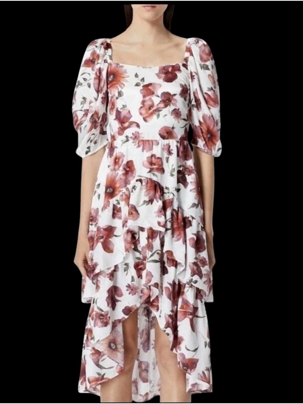 The Kooples Pastel Daisy on Satin Floral High-Low Tiered Dress (NWT) size 1